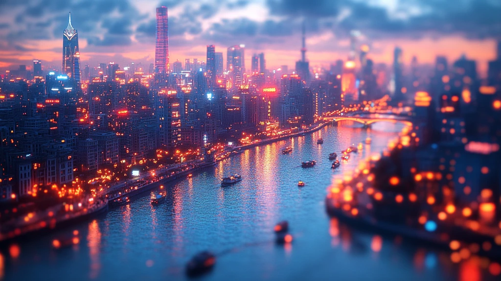 繁华都市夜景江畔灯火通明的城市风光