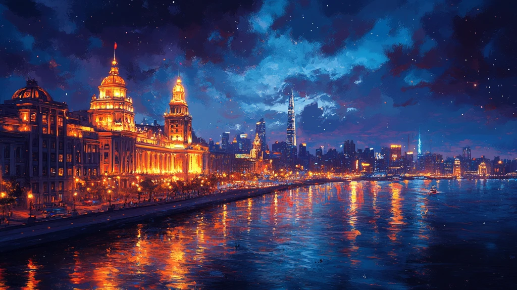 繁华都市夜景江畔灯火通明的城市风光