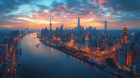 河畔城市夜景灯火辉煌建筑林立