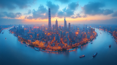 河畔城市夜景灯火辉煌建筑林立