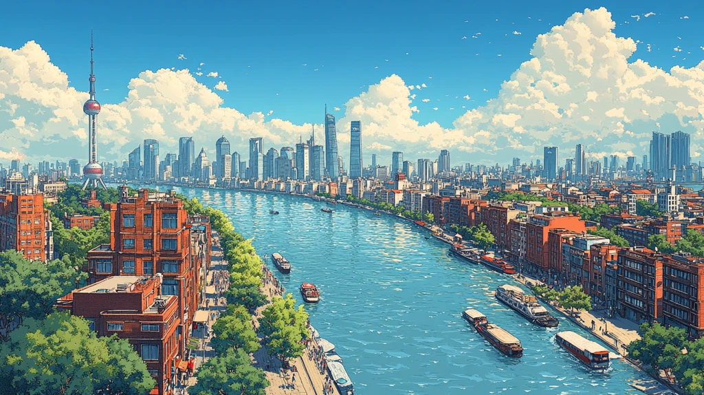 城市河流两岸建筑与高楼林立的景象