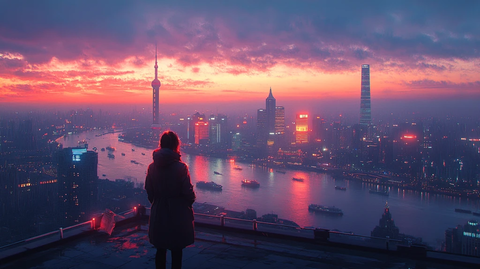 暮色下灯火辉煌的城市夜景鸟瞰图