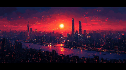 暮色下灯火辉煌的城市夜景鸟瞰图