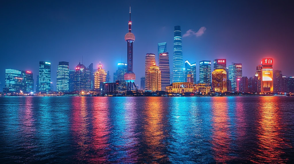 上海外滩夜景下的东方明珠及周边建筑