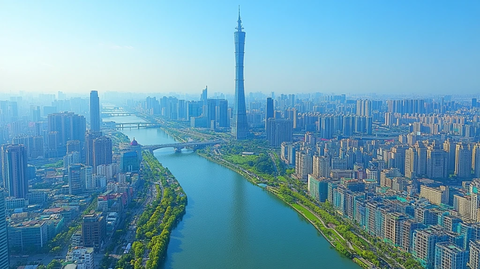 城市河流旁的高楼林立的壮观景象