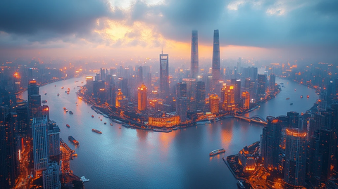 城市高楼与河流夜景的鸟瞰全景