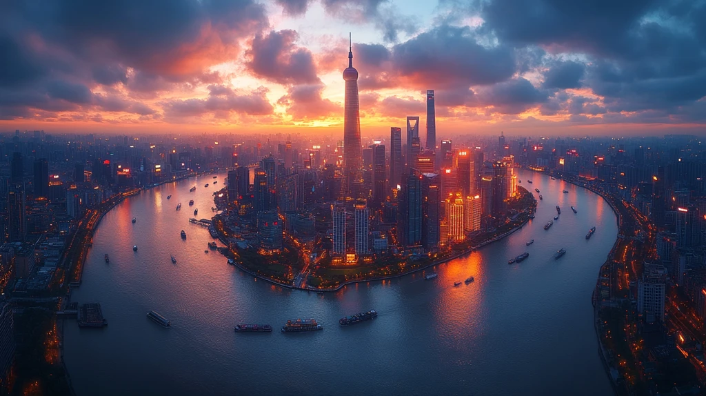 城市高楼与河流夜景的鸟瞰全景