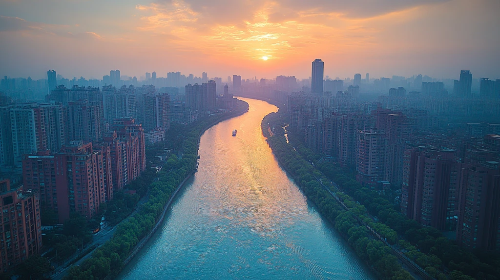 城市河流沿岸建筑与船只的俯瞰景象