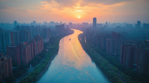 城市河流沿岸建筑与船只的俯瞰景象