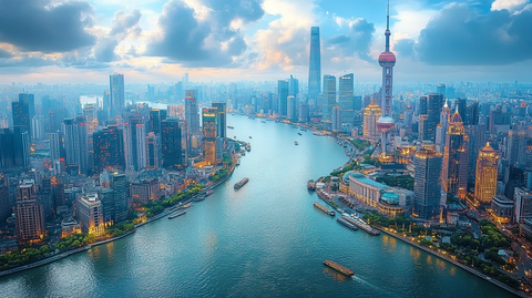 黄浦江畔繁华夜景鸟瞰全景