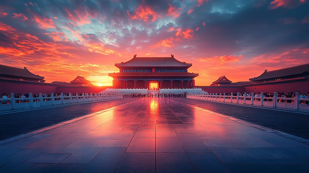 故宫夜景俯瞰全景灯光璀璨游人如织