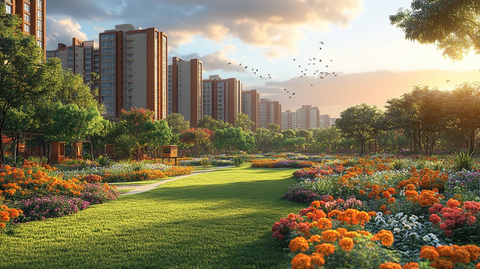 城市中绿树环绕的高层住宅小区全景