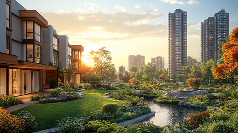 城市中绿树环绕的高层住宅小区全景