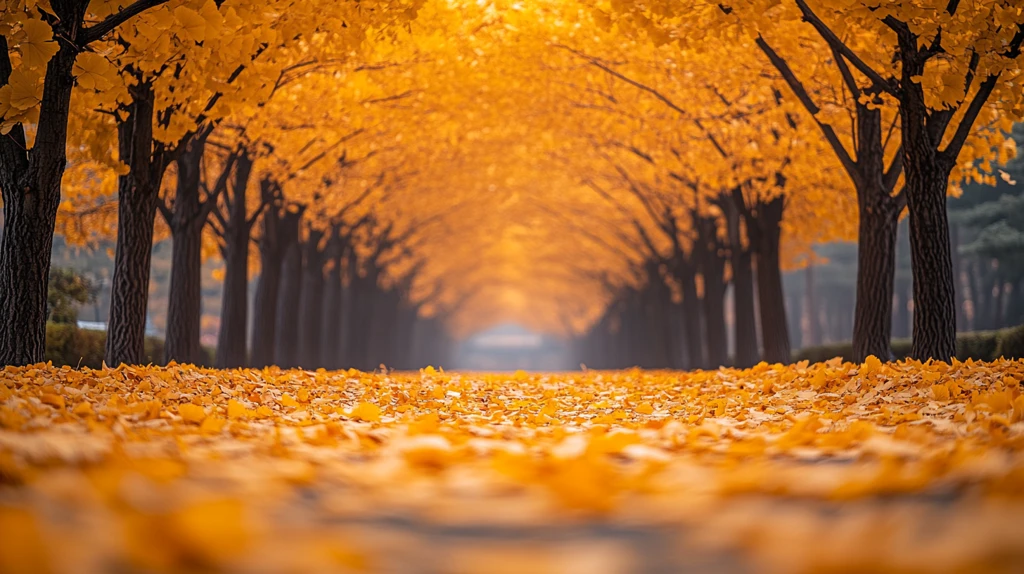 古建筑旁落满黄叶的银杏树秋景