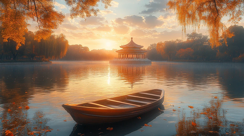 湖中小亭的唯美秋日黄昏风光