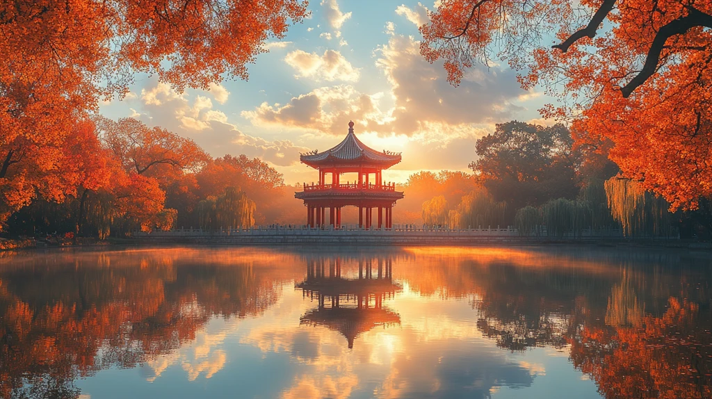 湖中小亭的唯美秋日黄昏风光