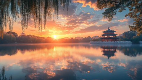 湖中小亭的唯美秋日黄昏风光