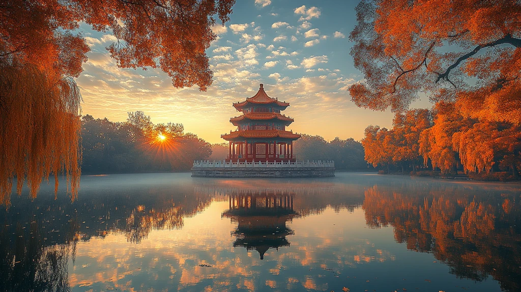 湖中小亭的唯美秋日黄昏风光