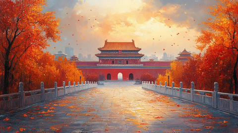 红墙黄瓦古建筑下铺满落叶的石板路