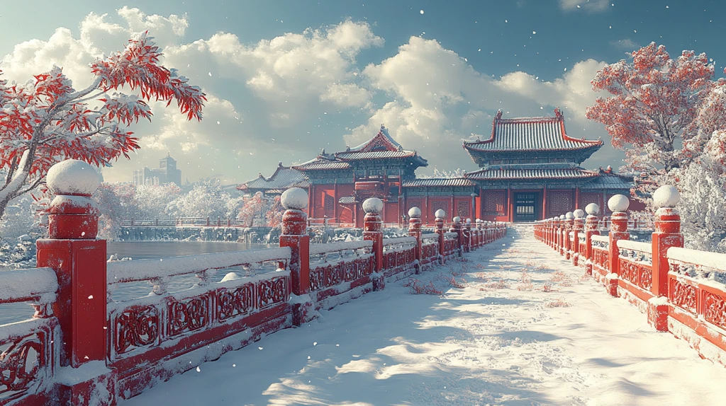 古建筑围栏被雪覆盖的唯美冬日景象