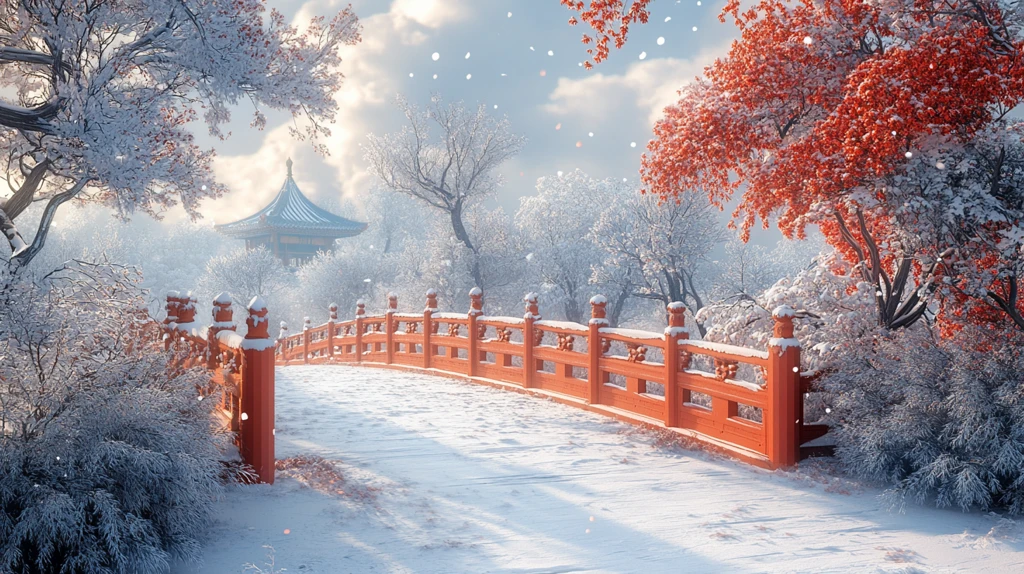 古建筑围栏被雪覆盖的唯美冬日景象