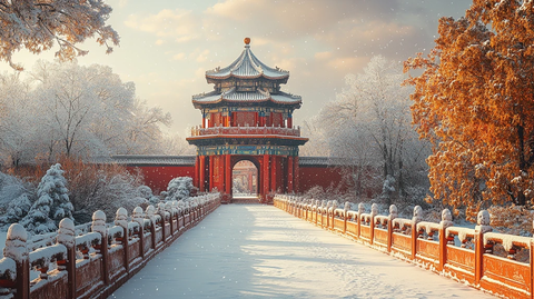 古建筑围栏被雪覆盖的唯美冬日景象