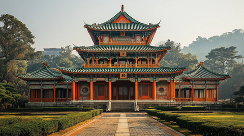 古建筑庭院中的传统中式楼阁全景