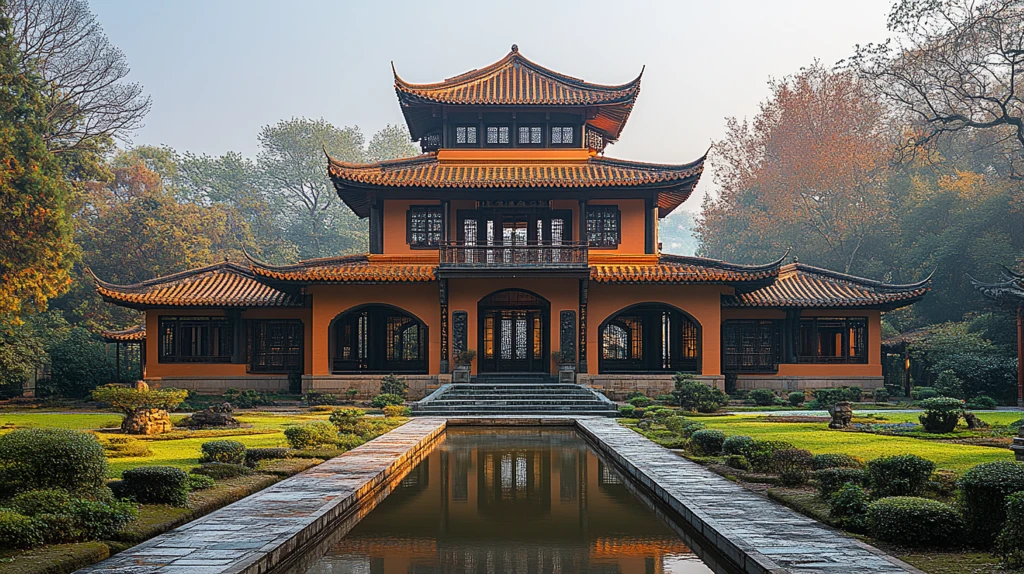 古建筑庭院中的传统中式楼阁全景