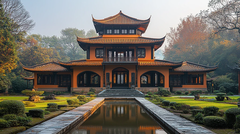 古建筑庭院中的传统中式楼阁全景