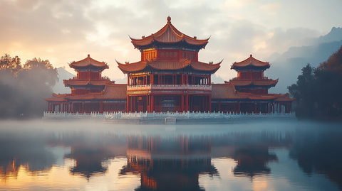 古建筑庭院中的传统中式楼阁全景