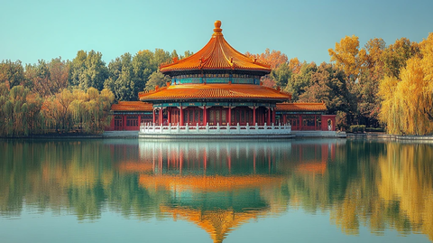 中式亭桥景观与湖水垂柳相映成趣