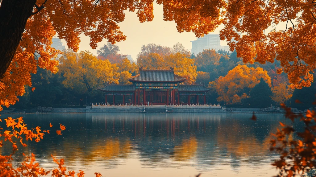 中式亭桥景观与湖水垂柳相映成趣