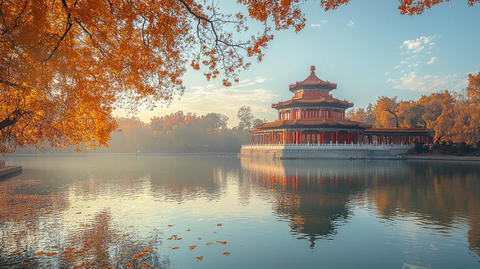 中式亭桥景观与湖水垂柳相映成趣