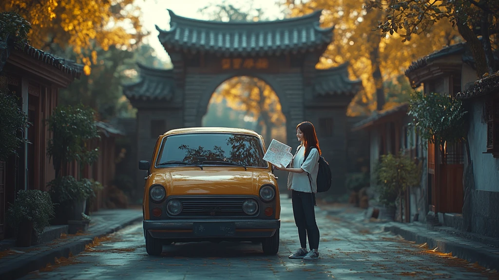 牌坊下街道漫步的男女