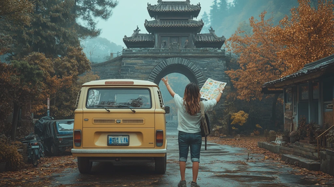 牌坊下街道漫步的男女