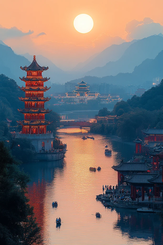 古建筑群在日光下的美丽远景