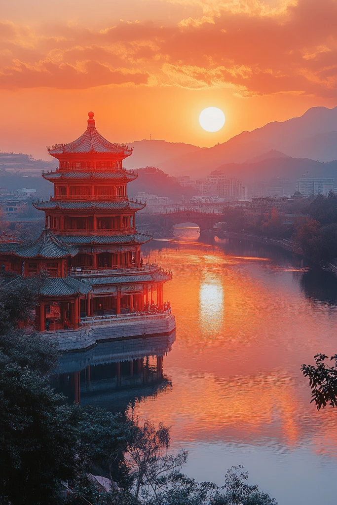 古建筑群在日光下的美丽远景