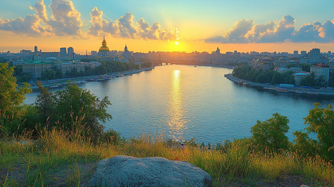 城市全景下的多彩建筑与繁茂树林风光