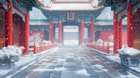 飘雪时节古建筑的雪景