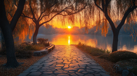 水边石板路落叶满地的唯美秋景