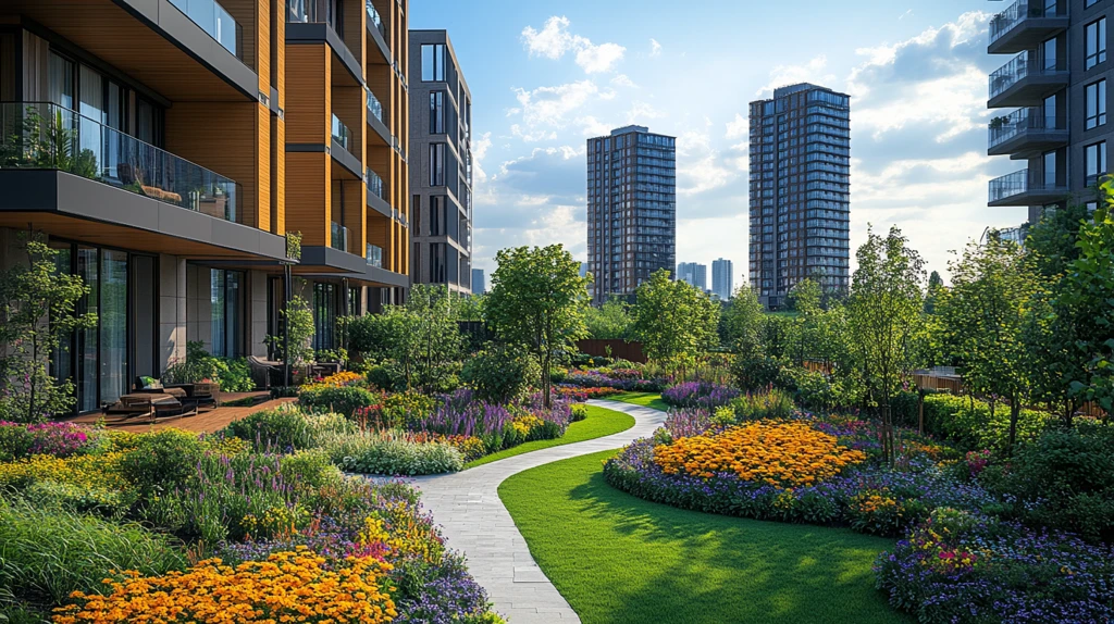 城市中带绿地公园的居民区鸟瞰全景