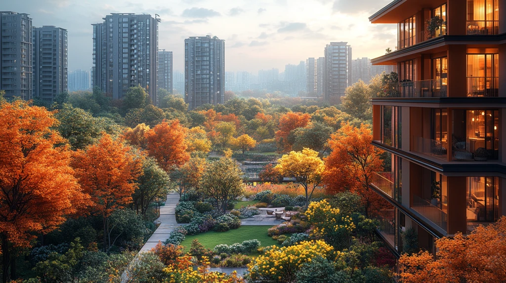 城市中带绿地公园的居民区鸟瞰全景