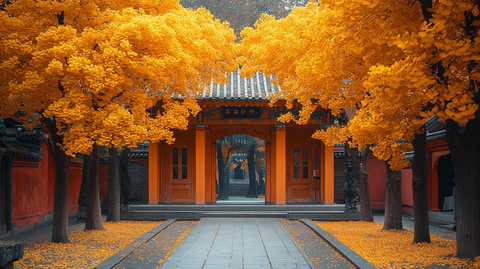 古建筑旁的金黄银杏