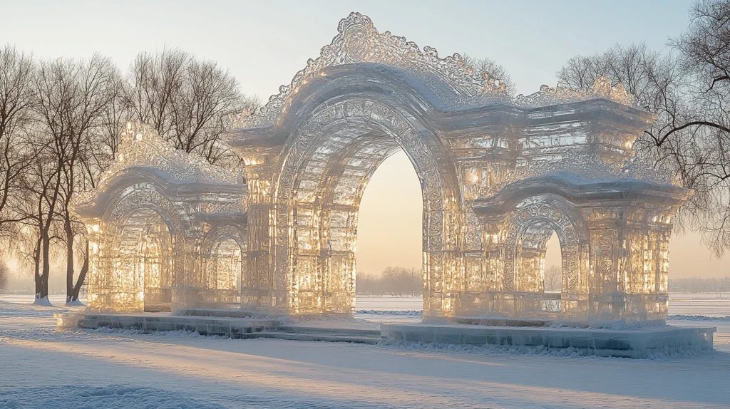 冰雪中的中式冰雕凉亭建筑