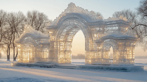 冰雪中的中式冰雕凉亭建筑