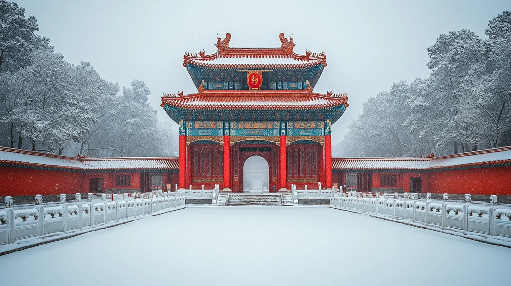 雪中的中式红色古建筑全景