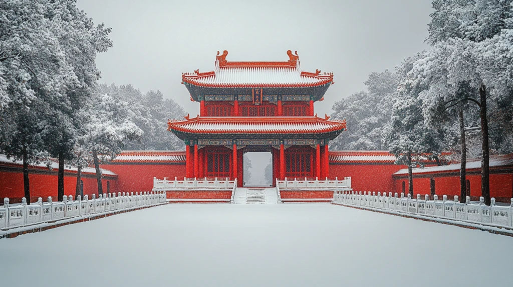 雪中的中式红色古建筑全景