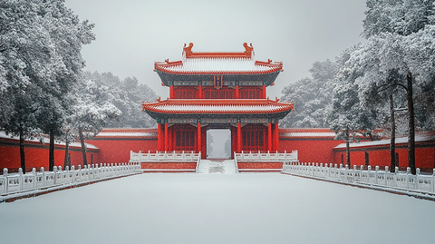 雪中的中式红色古建筑全景