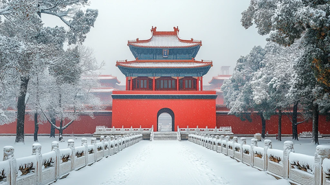 雪中的中式红色古建筑全景