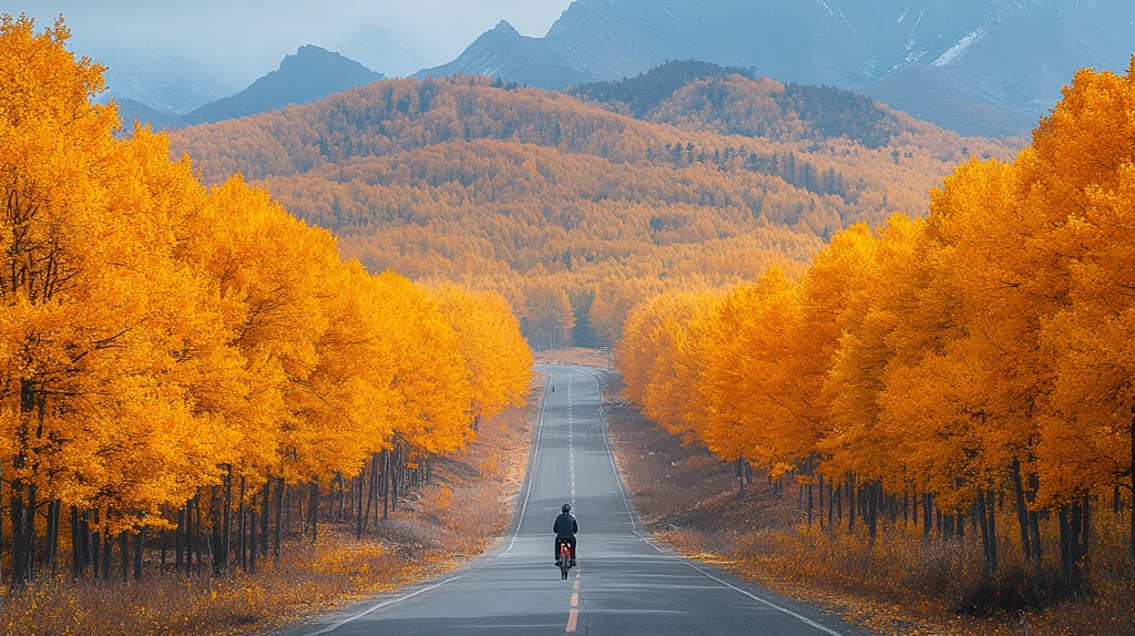 骑行者穿越铺满黄叶的山间道路